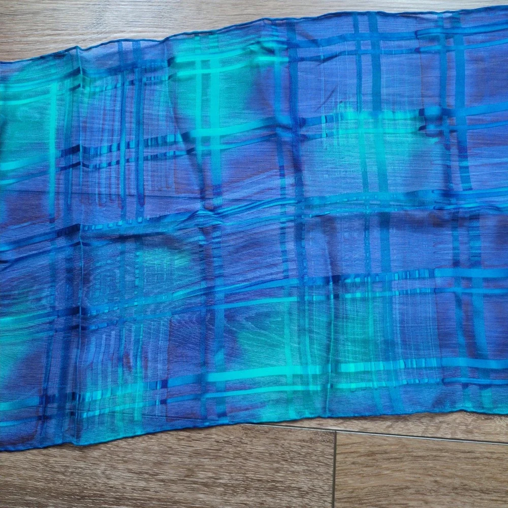 NWT Chico's Sheer Blue Geometric 100% Silk Scarf Teal Windowpane Oblong Stripe